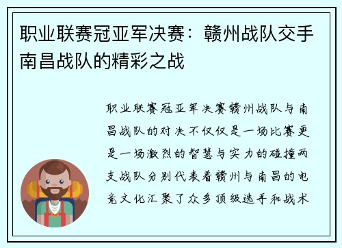 职业联赛冠亚军决赛：赣州战队交手南昌战队的精彩之战